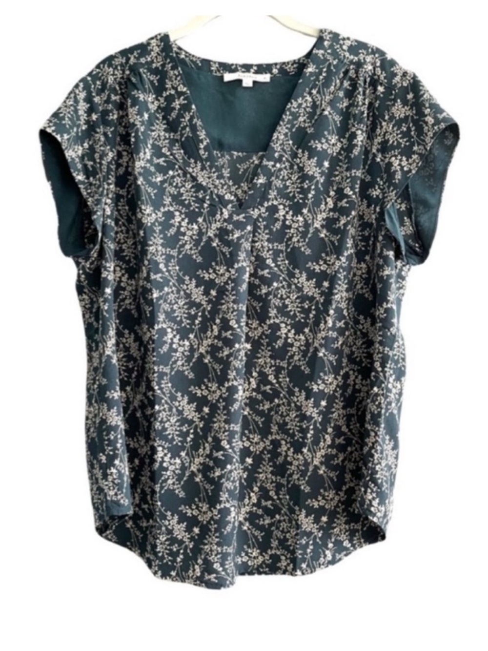 fun 2 fun V-neck Tee Cap Sleeve Single Pleat Floral Top Teal Green Size XL